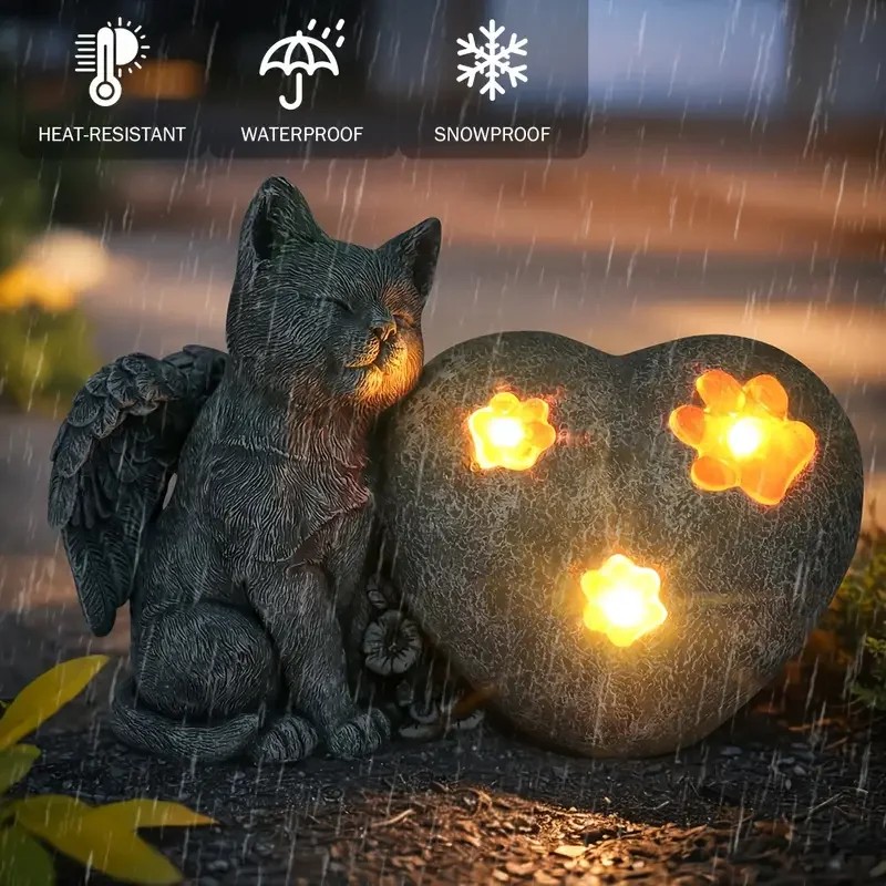 Elegant Garden, Solar Powered Angel Cat Resin Sculpture with Glowing