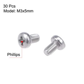 sourcing map M3x5mm Machine Screws Pan Phillips Cross Head Screw 304 Stainless Steel Fasteners Bolts 30Pcs