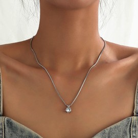 Atentuyi Boho Dainty Chain Delicate Necklace Silver Simple Chain Minimalist Necklace Sparkling Crystal Solitaire Necklace Round Dot CZ Pendant Necklace Thin Choker Women and Girls, Crystal Metal