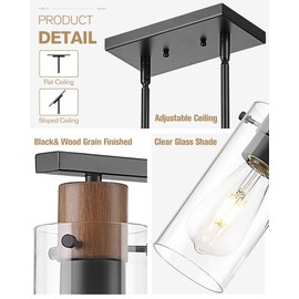 Emak 4-Light Kitchen Island Lighting, Black Dining Room Light Fixture with Clear Glass Shade, Wood Grain Painted, Modern Farmhouse Linear Chandelier Over Table, Island, PL120-BK-4L-CG