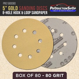 ProductionShop Premium 80 Grit 5" Gold Sanding Discs, 8-Hole Pattern, Box of 100 - Dustless Hook & Loop Backing Sandpaper for DA & Random Orbital Sanders, Sand Auto Paint, Wood, Woodworking Furniture
