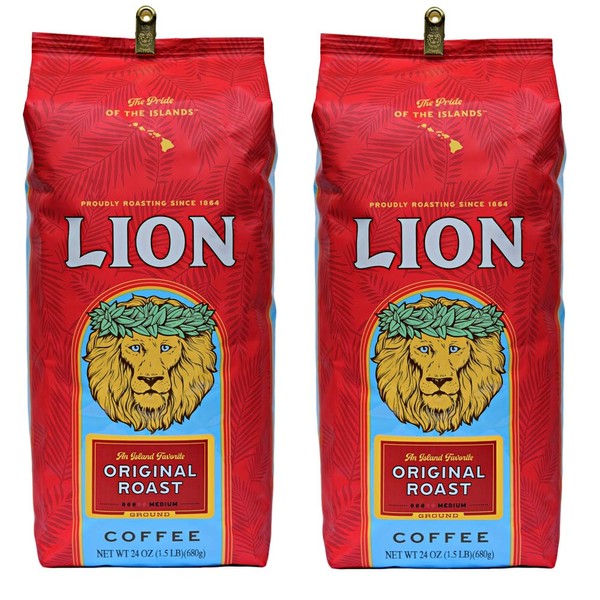 Lion Coffee, Original, Medium Roast, Ground, 24 Ounce Bag (Pack of Two)