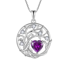 FJ Tree of Life Necklace Women's 925 Sterling Silver Tree of Life Necklace Pendant Birthstone Jewellery Gifts for Women, Cubic Zirconia, Amethyst