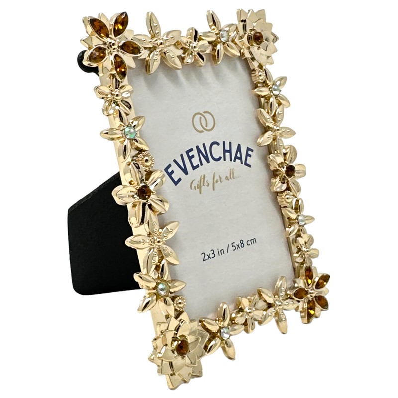 Evenchae Mini 2x3 Tabletop Picture Frame, Gold Floral with Rhinestones,