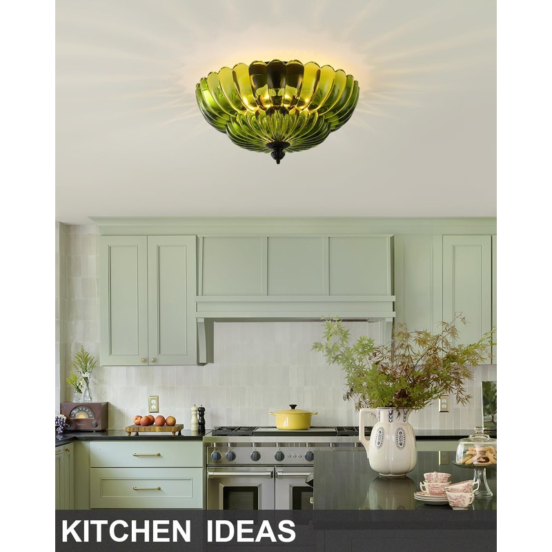 ANYLOVE Modern 12Inch Green Flower Glass Semi Flush Mount Ceiling