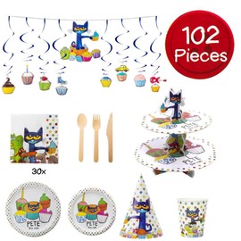 Pete The Cat Party in A Box Kit - Serves 10 People - Plates, Cups, Napkins, Utensils, Hats, Banners and More - Celebration, Birthday Party, Toddler– 102 Pieces - Party Supplies