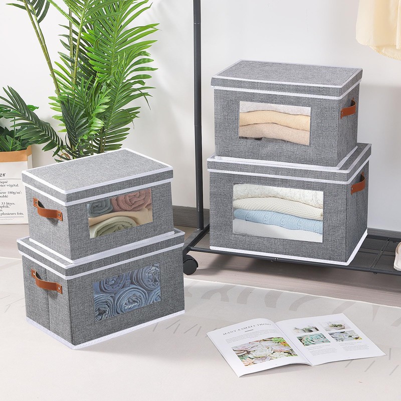 OUTBROS Storage Box with Lid, Transparent Window Organiser Box, Foldable