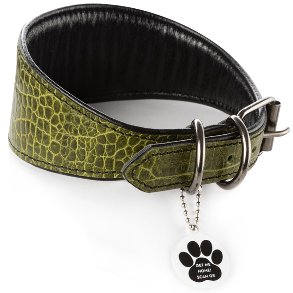 FAVPET Luxury Genuine Leather Greyhound Collar Wide with QR Code