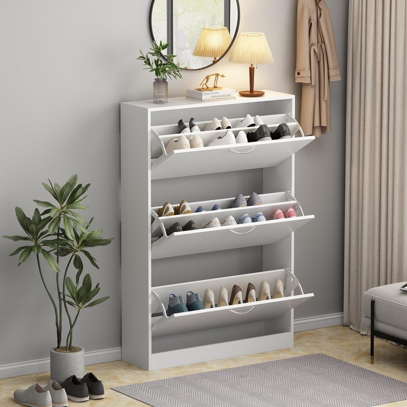 WOODTIME Shoe Storage Cabinet with 3 Flip Drawers, Hidden Narrow