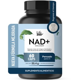 LIFE 360 Suplemento de NAD Blend, Envase que contiene 60 Cápsulas  Rinde 60 porciones por envase. Contiene colágeno hidrolizado y NAD. Ver el modo de 