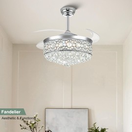 Deliyfans 42" Fandelier Ceiling Fan with Light, Retractable Chandelier Fan Crystal Ceiling Fan with Remote, Quiet DC Motor, LED Dimmable Fandaliers Ceiling Fan for Bedroom Living Room Dinning Room