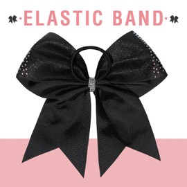 DEEKA 1 PCS 8" Large Glitter Cheer Bows with Iridescent Rhinestones Colorful Stiff Hair Elastic Band Ponytail Holder for Cheerleader Girls Sports (Black)