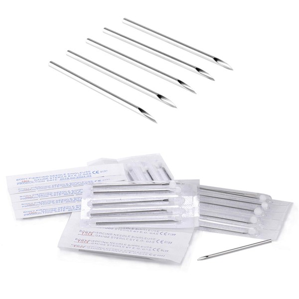 Pack of 100 Piercing Needles - 14G, 15G, 16G, 18G, 20G, Ear Nose Lip Tragus Cartilage Piercing, Professional Piercing Needles, Tattoo Beauty Kit, Stainless Steel