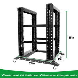 15U 4 Post Open Frame Server Rack Suitable 19inch Server Equipment Cold Rolled Steel Heavy Duty Rack 24inch Deep with Wheels Heavy Duty Rack (4POST-D800-15U, 15U)