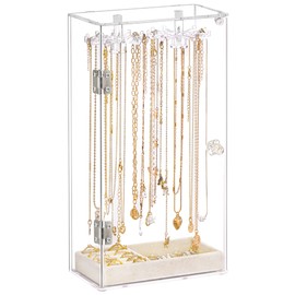 Necklace Holder, Acrylic Necklace Organizer, Rotatable Clear Jewelry Holder Organizer Display Case for Long Necklaces Pendant Bracelets, Jewelry Holder Box with Velvet Tray for Rings Earrings