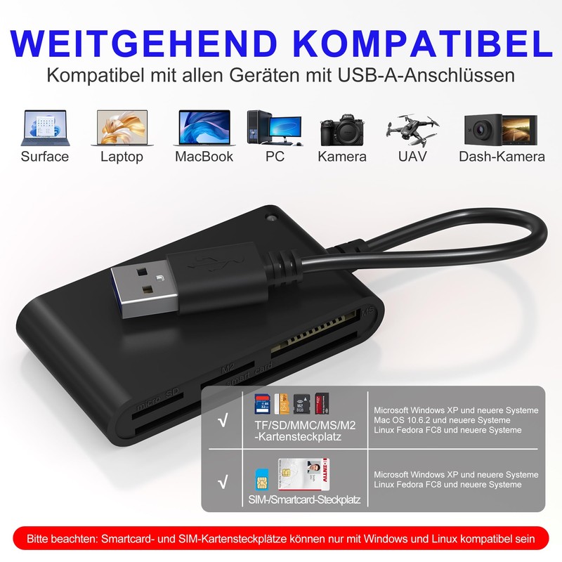 Memory Card Reader SIM Card Reader - 7-in-1 Multi Card