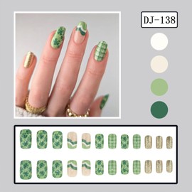 St. Patrick's Day Press on Nails Spring Green Clover Fake Nails Medium Square Artificial Nails Lucky Shamrock Glue on Nails Glossy Acrylic Stick on Nails for Women DIY Nail Art