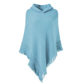 Ferand Ladies' Hooded Cape with Fringed Hem, Crochet Poncho Knitting Patterns for Women, Sky Blue