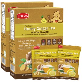 Pocas Honey Ginger Instant Tea Powder, Lemon Flavor 2-Pack, Ginger Extract & Real Honey, Caffeine-Free Tea, 20 Packets per Box