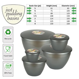 Just Pudding Basins Silver Space Saving Set of Plastic Steam Pudding Bowls and Lids 5 Popular Sizes Up to 3 Pints