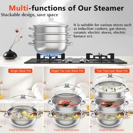 12.8in-3 Tier Stainless Steel Steamer Pot Steaming Cookware with Glass Lid and Steamer Basket, Steamer Grid(Induction Compatible), Food Steamer Pans Kitchen Restaurant Cooker Accessories
