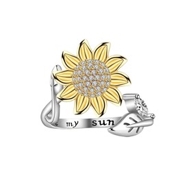 Fidget Spinner Ring - Fidget Anxiety Ring - Meditation Ring - Adjustable ring for Woman (Cubic Zirconia SunFlower Spinner Ring)