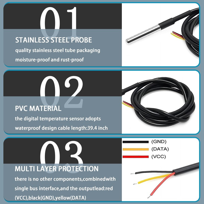 Minidodoca DS18B20 Temperature Sensor Module Kit with High-Accuracy Waterproof for