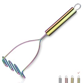 Rainbow Potato Masher, Stainless Steel High Performance Metal Potato Reicer with Titanium Rainbow Coating, Food Masher Utensil, Hand Masher, Vegetable Fruit Mash (9.6 Inches)