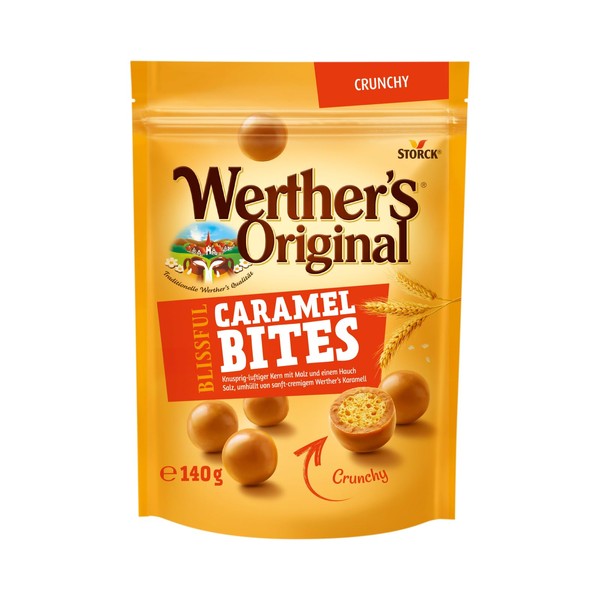 Werther’s Original Blissful Caramel Bites Crunchy – Knusprig-luftige Kugeln mit Malz umhüllt von sanft-cremigem Werther’s Karamell – 1 x 140g
