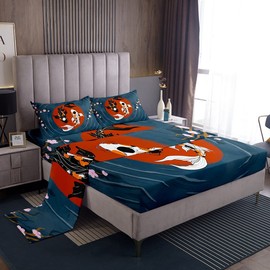 Homemissing Japanese Style Sheet Set Koi Fish Sheets with Deep Pocket Fitted Sheet for Kids Cartoon Carp Bed Sheets Set Breathable Tokyo Bedding Set Yin Yang Decor Boho Trippy Bed Set Double