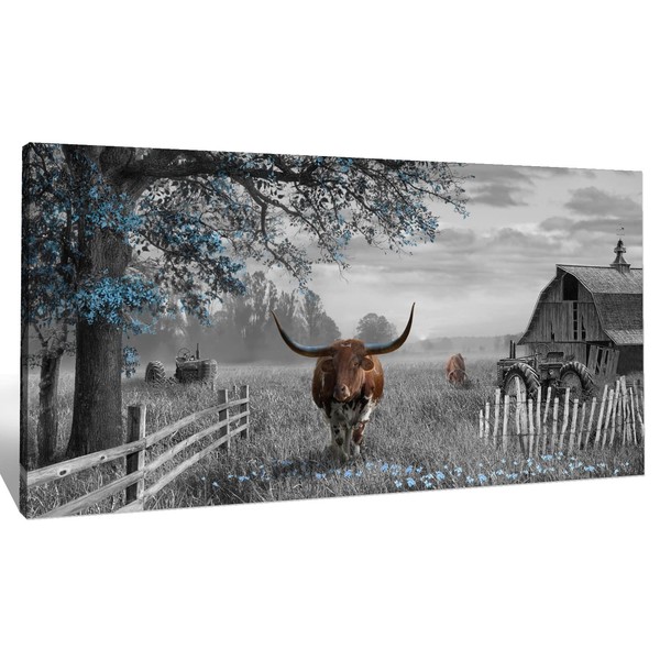yiijeah Western Home Decor - Cow Picture Wall Decor - Rustic Wall Art - 24x48 Inches Longhorn Wall Decor Living Room Bedroom Wall Decor Canvas Framed Artwork Farmhouse Wall Decor