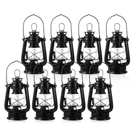 Hortsun 8 Pcs Vintage LED Camping Lanterns 12 Warm LEDs and Dimmer Switch Battery Operated Metal Hurricane Lantern Decorative Hanging Lantern for Indoor Outdoor Usage Decor, Black (8 Inch)