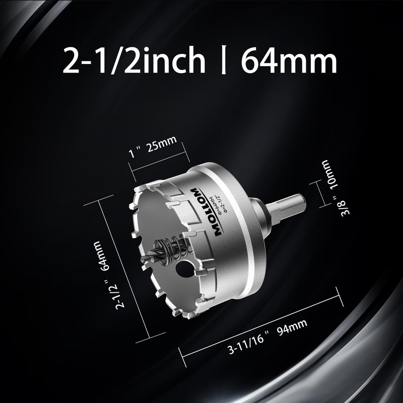 Mollom (2-1/2''|64mm) Heavy Duty Carbide Hole Saw with 2 Pilot