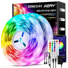 IKERY Led Strip 30M 24V 5050 RGB 16 Mio. Farben Led Streifen Farbwechsel dimmbar Sync mit Musik mit steuerbar per App, mit IR-Fernbedienung, Led Leiste selbstklebend für Schlafzimmer (2 * 15M)