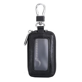 Anyhut 1 PC Key Fob Cover, Leather Remote Control Car Key Holder, Car Key Cover with Mirror Window & Zippered Buckle, Sleek Vintage Accessories Universal for Cars, Trucks, Motorcycles (Black)