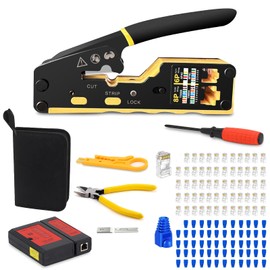 RJ45 Crimp Tool, Ethernet Crimper for Cat5/5e/6/6a/7/6p+8p/RJ11/RJ12, Crimping Tool with Cable Tester, Mini Stripper, Blades, 60-Pack Cat6 RJ45 Pass Through Connector, 60-Pack Connector Boots