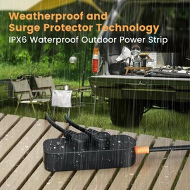 Outdoor Power Strip Weatherproof 6 FT Extension Cord Waterproof Surge Protector Power Strip, 3 AC Outlets, Shockproof, 1625W Overload Protection, for Camping, Home, Office, Garden, FCC UL Listed