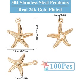 SUNNYCLUE 1 Box 100Pcs Real 24K Gold Plated Starfish Charm Bulk 15.5x17.5mm Sea Life Charms Stainless Steel Metal Cute Marine Animal Beach Charm for Jewelry Making Charms DIY Craft Necklace Bracelet