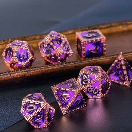 Cusdie Metal Dice Set, 7 Pcs DND Metal Dice, Dragon Scale Polyhedral Dice Set, for Role Playing Game D&D Dice (Copper with Purple)