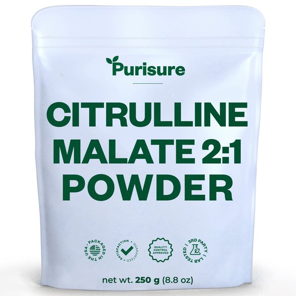 Purisure Citrulline Malate 2:1 Powder, 250g, Citrulline Supplement for Strength Performance and Energy, Pre-Workout L Citrulline Supplement Powder, Enhance Muscle Pumps and Recovery, 83 Servings