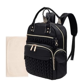 Baby Changing Bag Backpack, Quilted Waterproof Nappy Bag with Insulated Bottle Pockets & Pram Straps, Large Nappy Backpack with Portable Changing Mat for Travel & Walking(Black)
