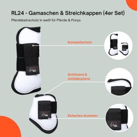 RL24 - Gaiters & Fetlock Caps (Set of 4) | Horse Leg Protection with Velcro Fastening | Soft Lining, Anatomically Shaped & Shock Absorbing | Pony & Horse Accessories in White for Warmblood &