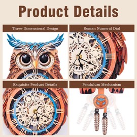 3D Owl Puzzle Clock - Wooden Model Kit for Adults, Roman Numeral Wall Timepiece with Silent Movement, Creative Home Decor & STEM Gift for DIY Enthusiasts
