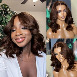 RECOOL Loose Body Bob Wig Dark Brown Short Body Wave Human Hair Wig For Black Women 5x6 HD Glueless Lace Front Wigs Pre Plucked with Baby Hair Bleached Knots #3 Brown Wigs 12inch