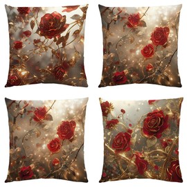BCKAKQA Rose Cushion Covers 45cm x 45cm Set of 4 Red Gold Floral Throw Pillow Covers 18x18 inches Linen Square Throw Pillow Cases for Living Room Bedroom Sofa Couch Bed Decorative Pillowcases