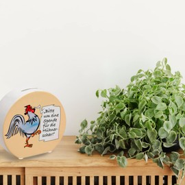 Money box with rooster motif in blue on the theme of tip and funny saying, beautiful money box as a gift for piggy foxes who like chickens and have a bunch of chickens on the farm