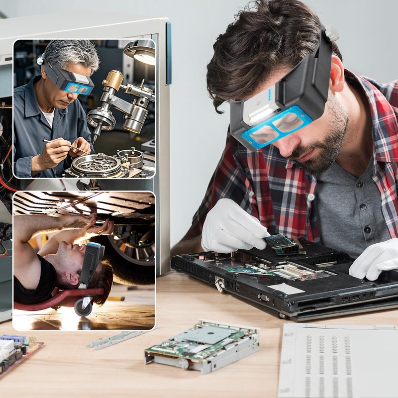 Headband Magnifier with Rechargeable Light,1.5X - 3.5X,4 Replaceable Lenses,Suitable for