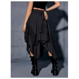 Verdusa Women's Renaissance Flowy Fairy Skirt Y2k Contrast Lace Layered Asymmetrical Midi Skirts Black X-Small
