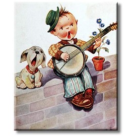 ArtWorks Decor Little Boy Playing Banjo with Puppy Picture on Stretched Canvas Wall Art, Ready to Hang!