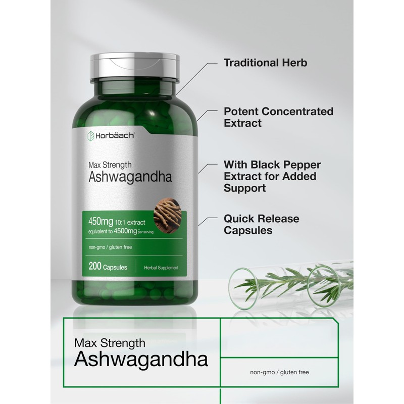 Horbäach Ashwagandha Supplement for Women and Men | 200 Capsules
